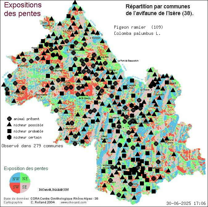 Pigeon ramier (Colomba palumbus L.): carte de rpartition en Isre