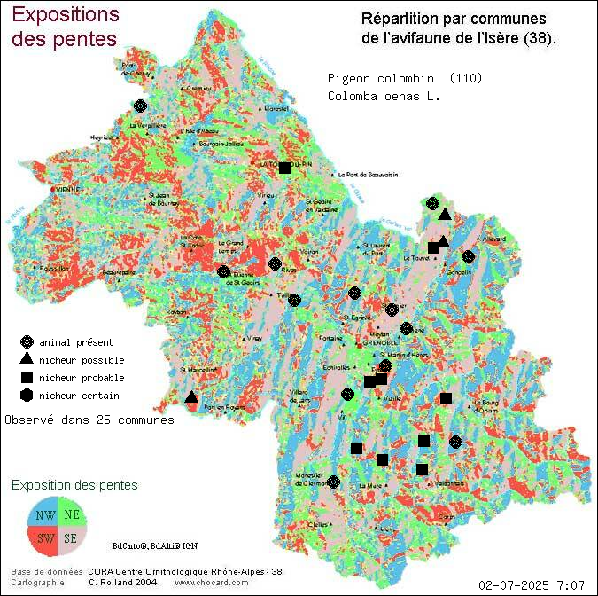 Pigeon colombin (Colomba oenas L.): carte de rpartition en Isre