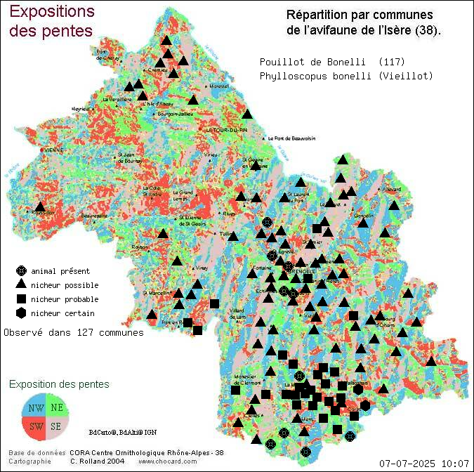 Pouillot de Bonelli (Phylloscopus bonelli (Vieillot)): carte de rpartition en Isre