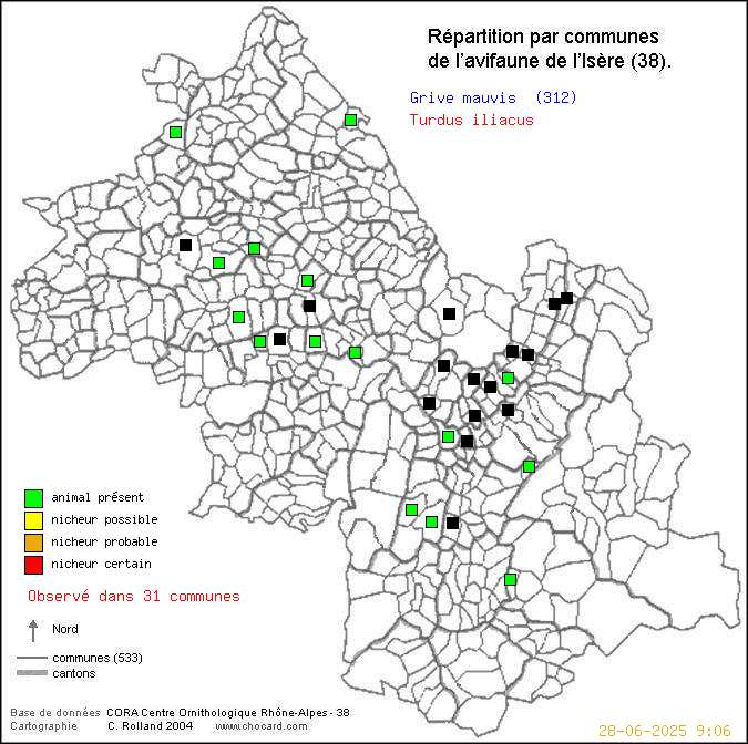 Grive mauvis (Turdus iliacus): carte de rpartition en Isre