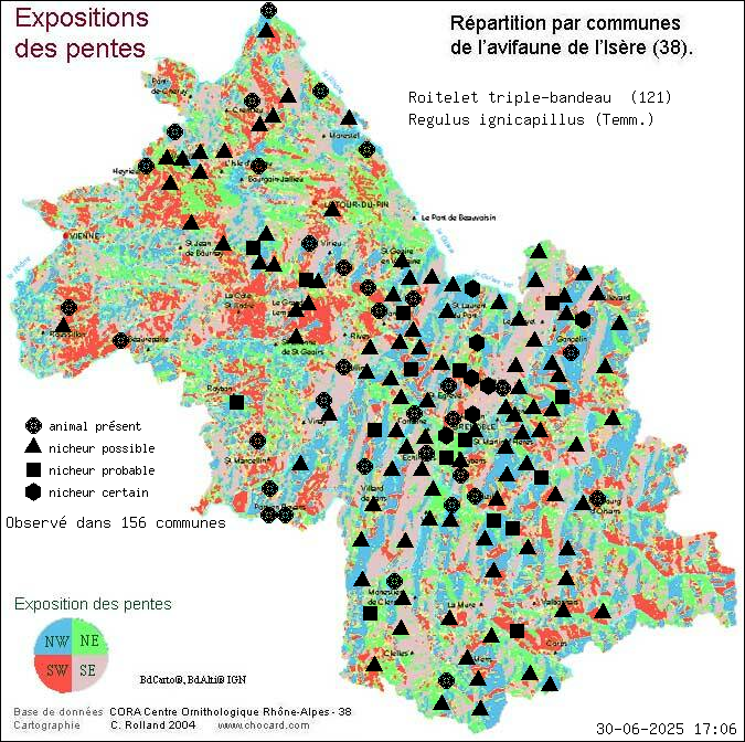 Roitelet triple-bandeau (Regulus ignicapillus (Temm.)): carte de rpartition en Isre