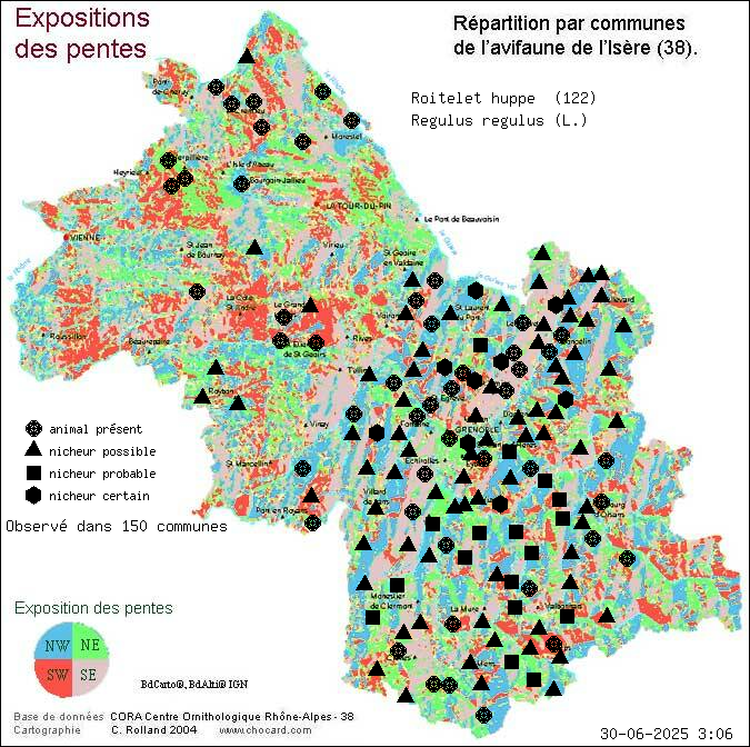 Roitelet hupp (Regulus regulus (L.)): carte de rpartition en Isre