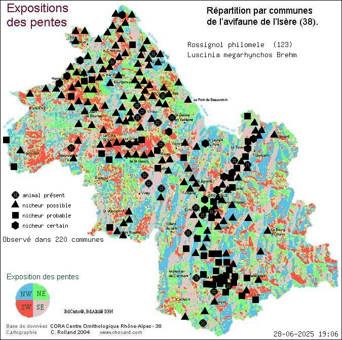 Rossignol philomle (Luscinia megarhynchos Brehm): carte de rpartition en Isre