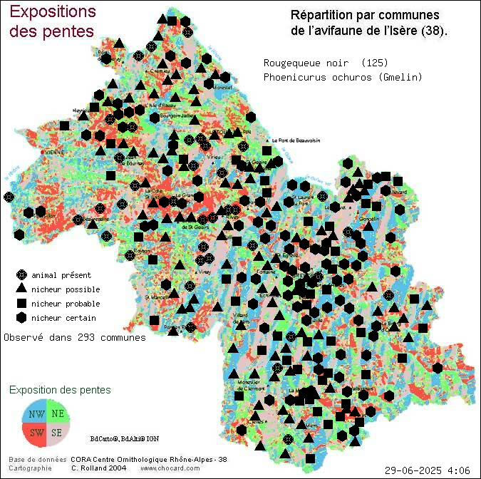Rougequeue noir (Phoenicurus ochuros (Gmelin)): carte de rpartition en Isre