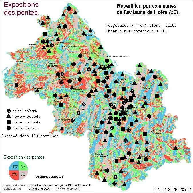 Rougequeue  front blanc (Phoenicurus phoenicurus (L.)): carte de rpartition en Isre