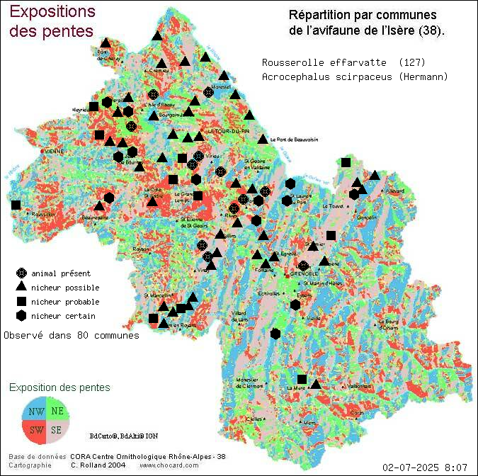 Rousserolle effarvatte (Acrocephalus scirpaceus (Hermann)): carte de rpartition en Isre