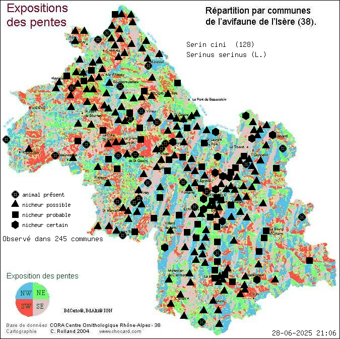 Serin cini (Serinus serinus (L.)): carte de rpartition en Isre