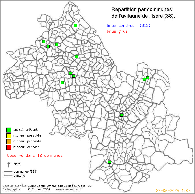 Carte de rpartition par communes en Isre d'une espce d'oiseau: Grue cendre (Grus grus) selon Communes et cantons