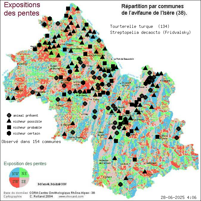 Tourterelle turque (Streptopelia decaocto (Fridvalsky)): carte de rpartition en Isre