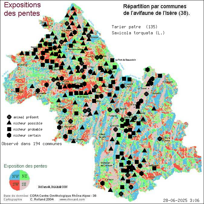 Tarier ptre (Saxicola torquata (L.)): carte de rpartition en Isre