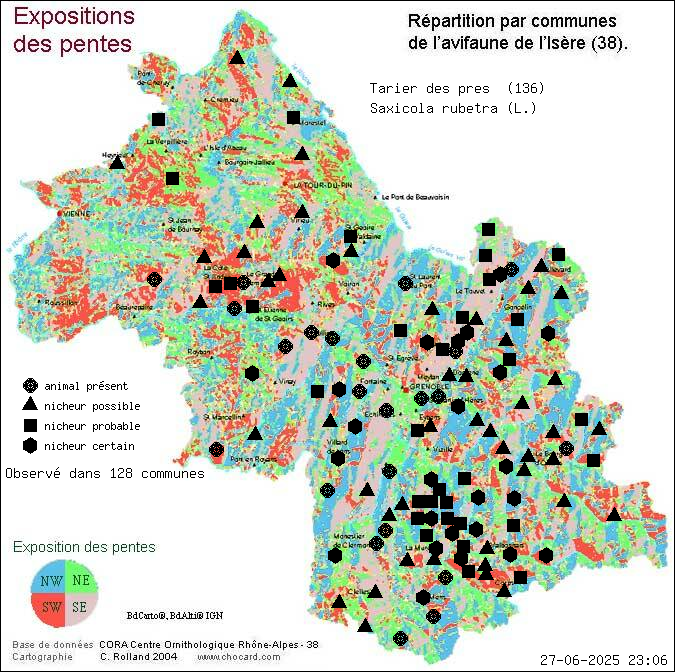 Tarier des prs (Saxicola rubetra (L.)): carte de rpartition en Isre