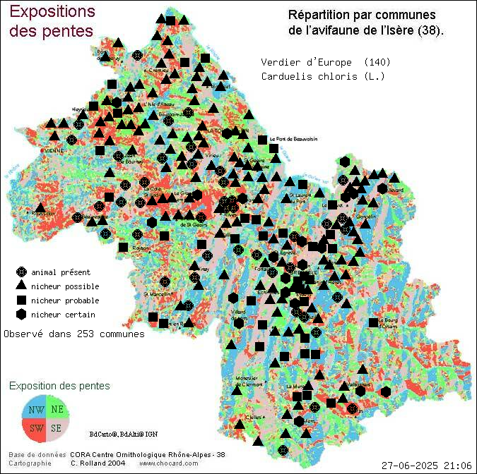 Verdier d Europe (Carduelis chloris (L.)): carte de rpartition en Isre