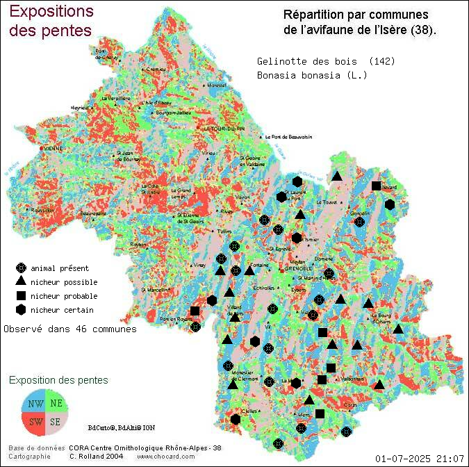 Glinotte des bois (Bonasia bonasia (L.)): carte de rpartition en Isre