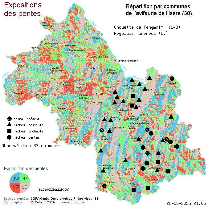 Carte de rpartition par communes en Isre d'une espce d'animal: Chouette de Tengmalm (Aegoluis funereus (L.)) selon Expositions