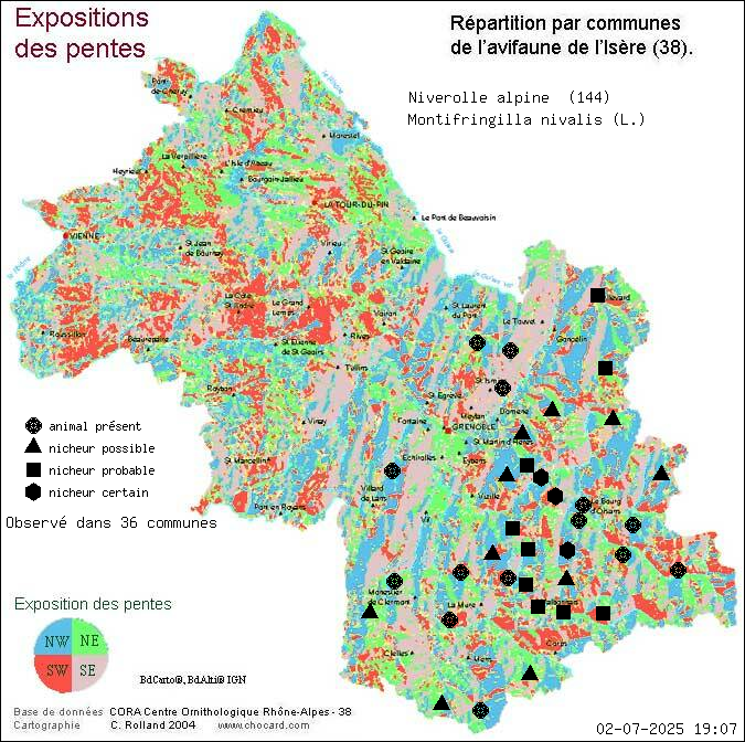 Carte de rpartition par communes en Isre d'une espce d'animal: Niverolle alpine (Montifringilla nivalis (L.)) selon Expositions