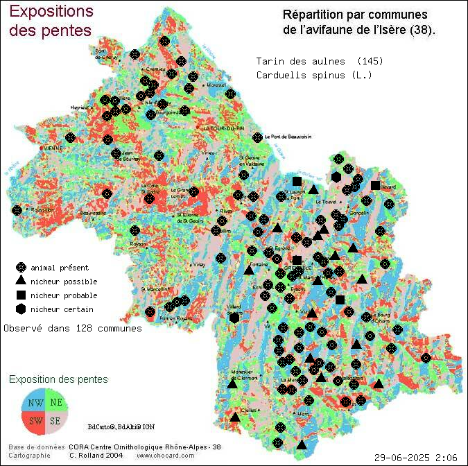 Tarin des aulnes (Carduelis spinus (L.)): carte de rpartition en Isre