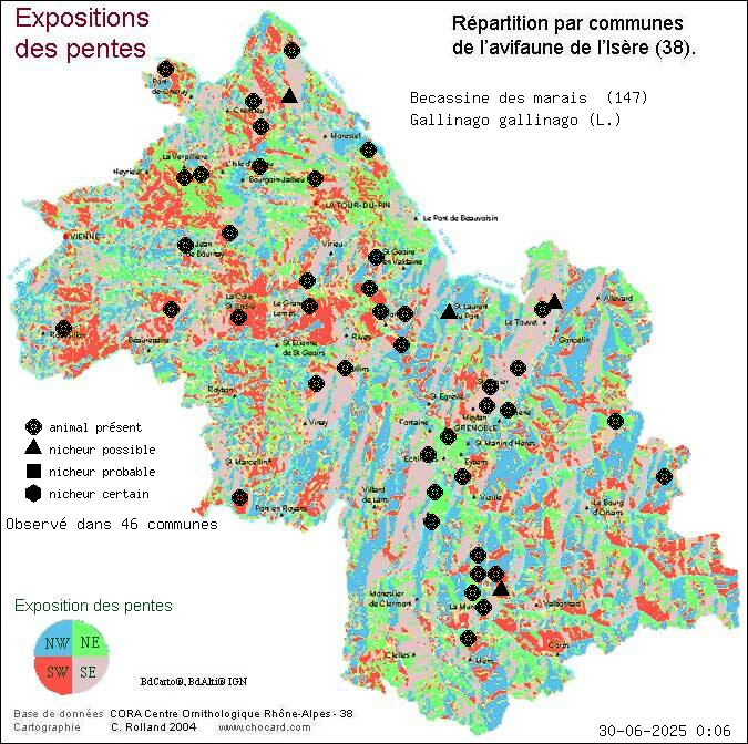 Carte de rpartition par communes en Isre d'une espce d'animal: Bcassine des marais (Gallinago gallinago (L.)) selon Expositions