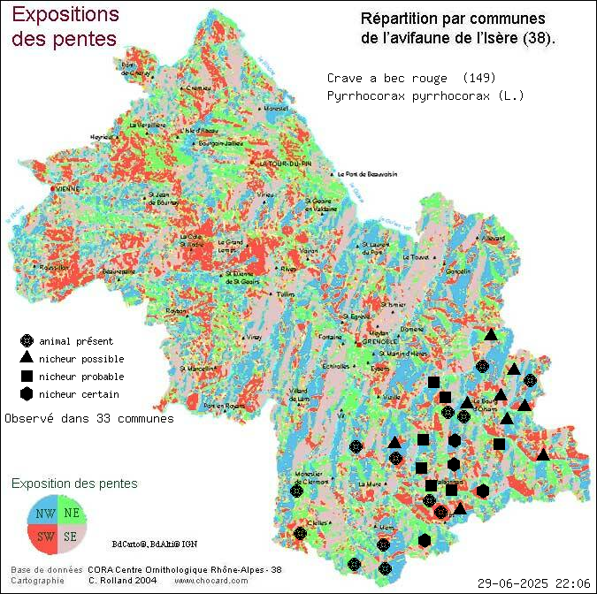 Carte de rpartition par communes en Isre d'une espce d'animal: Crave  bec rouge (Pyrrhocorax pyrrhocorax (L.)) selon Expositions