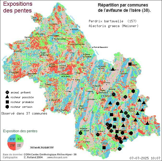 Carte de rpartition par communes en Isre d'une espce d'animal: Perdrix bartavelle (Alectoris graeca (Meisner)) selon Expositions