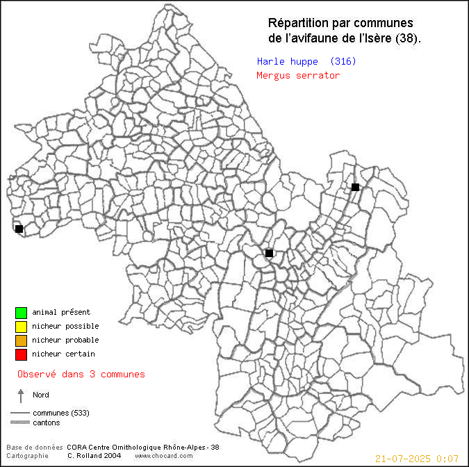 Carte de rpartition par communes en Isre d'une espce d'oiseau: Harle hupp (Mergus serrator) selon Communes et cantons