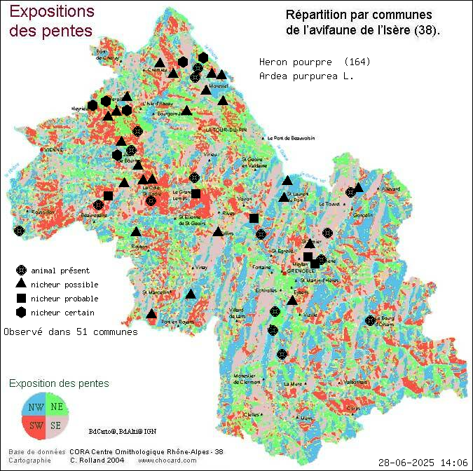 Hron pourpr (Ardea purpurea L.): carte de rpartition en Isre