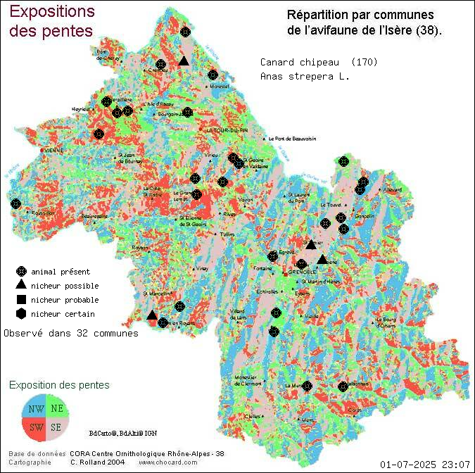 Canard chipeau (Anas strepera L.): carte de rpartition en Isre