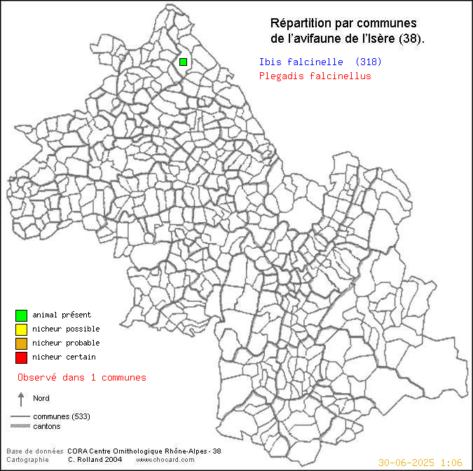 Carte de rpartition par communes en Isre d'une espce d'oiseau: Ibis falcinelle (Plegadis falcinellus) selon Communes et cantons