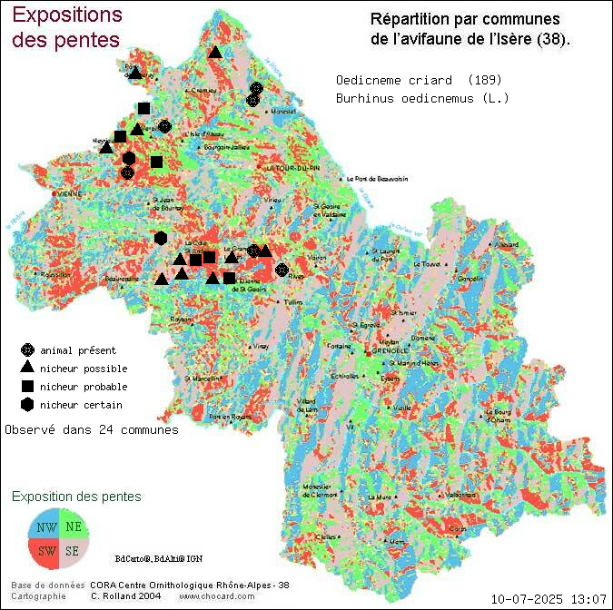 Oedicnme criard (Burhinus oedicnemus (L.)): carte de rpartition en Isre