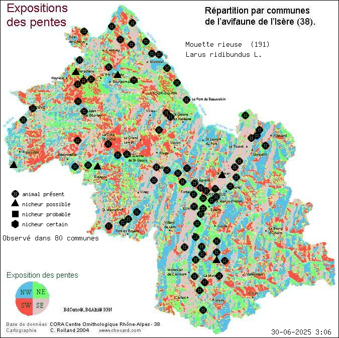 Carte de rpartition par communes en Isre d'une espce d'animal: Mouette rieuse (Larus ridibundus L.) selon Expositions