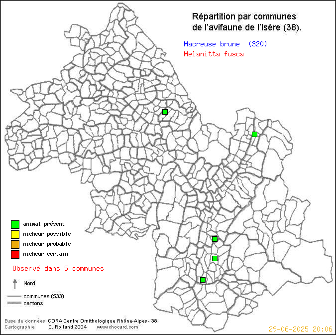 Carte de rpartition par communes en Isre d'une espce d'oiseau: Macreuse brune (Melanitta fusca) selon Communes et cantons