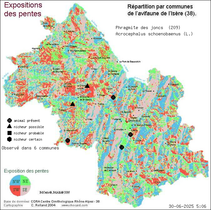Carte de rpartition par communes en Isre d'une espce d'animal: Phragmite des joncs (Acrocephalus schoenobaenus (L.)) selon Expositions