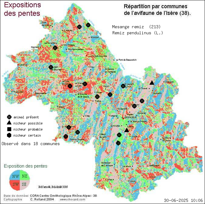 Carte de rpartition par communes en Isre d'une espce d'animal: Msange rmiz (Remiz pendulinus (L.)) selon Expositions