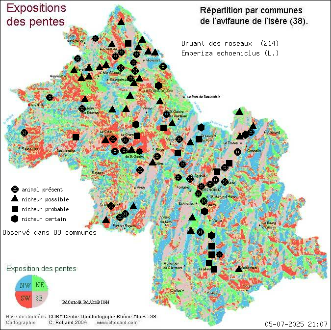 Bruant des roseaux (Emberiza schoeniclus (L.)): carte de rpartition en Isre
