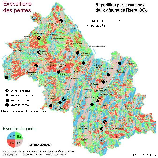 Carte de rpartition par communes en Isre d'une espce d'animal: Canard pilet (Anas acuta) selon Expositions