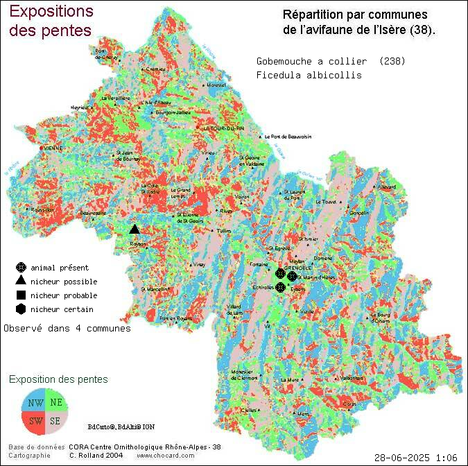 Gobemouche  collier (Ficedula albicollis): carte de rpartition en Isre