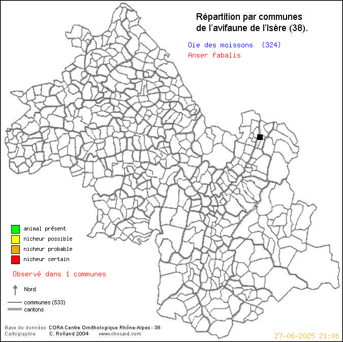 Carte de rpartition par communes en Isre d'une espce d'oiseau: Oie des moissons (Anser fabalis) selon Communes et cantons