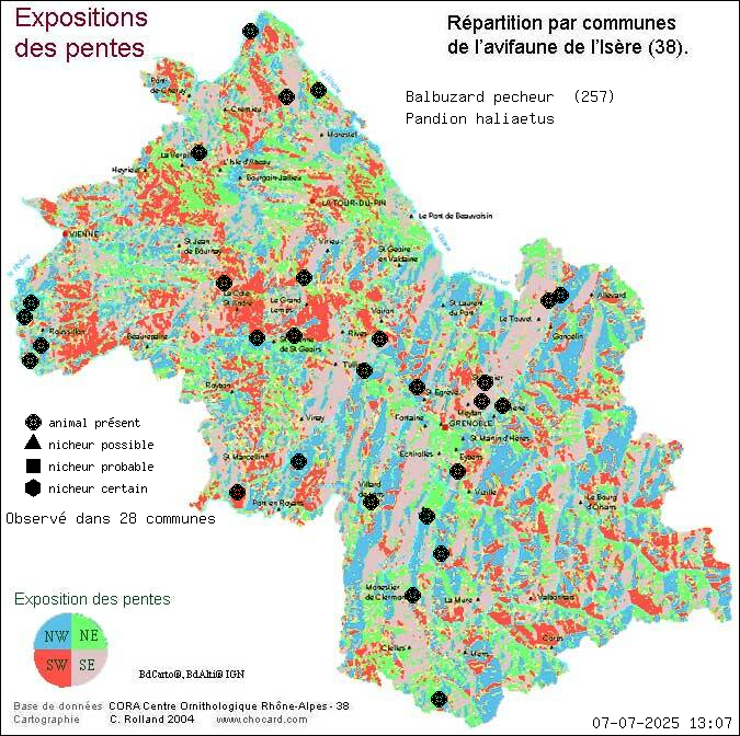 Carte de rpartition par communes en Isre d'une espce d'animal: Balbuzard pcheur (Pandion haliaetus) selon Expositions