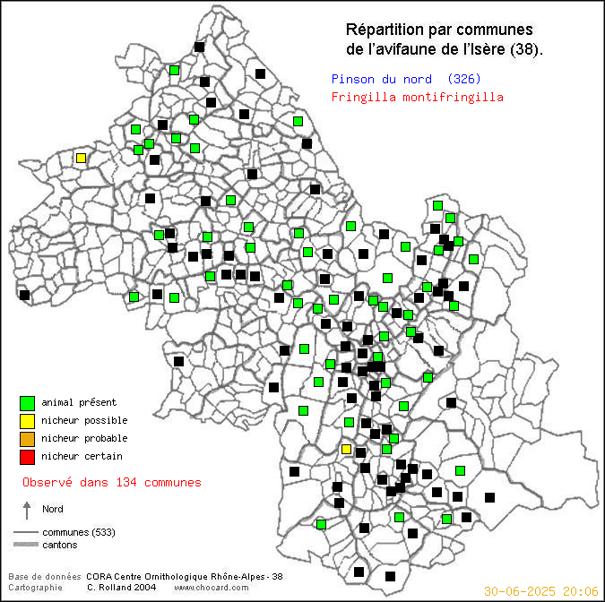 Pinson du nord (Fringilla montifringilla): carte de rpartition en Isre