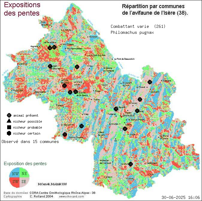 Combattant vari (Philomachus pugnax): carte de rpartition en Isre
