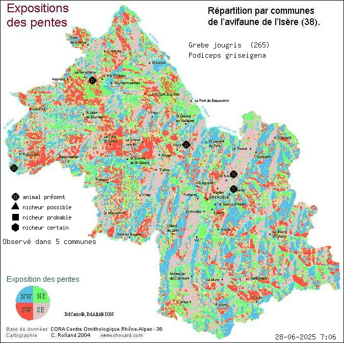 Grbe jougris (Podiceps griseigena): carte de rpartition en Isre
