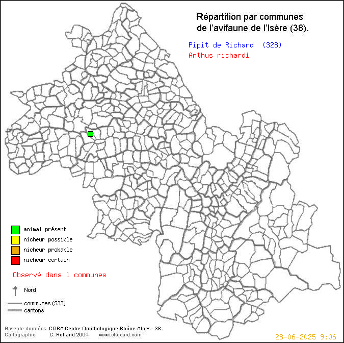 Carte de rpartition par communes en Isre d'une espce d'oiseau: Pipit de Richard (Anthus richardi) selon Communes et cantons