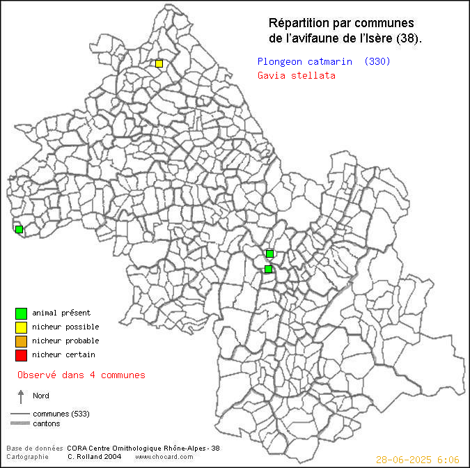 Carte de rpartition par communes en Isre d'une espce d'oiseau: Plongeon catmarin (Gavia stellata) selon Communes et cantons