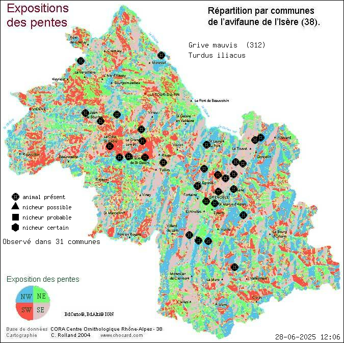 Grive mauvis (Turdus iliacus): carte de rpartition en Isre