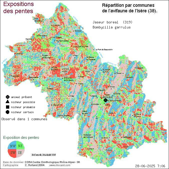 Carte de rpartition par communes en Isre d'une espce d'animal: Jaseur boral (Bombycilla garrulus) selon Expositions