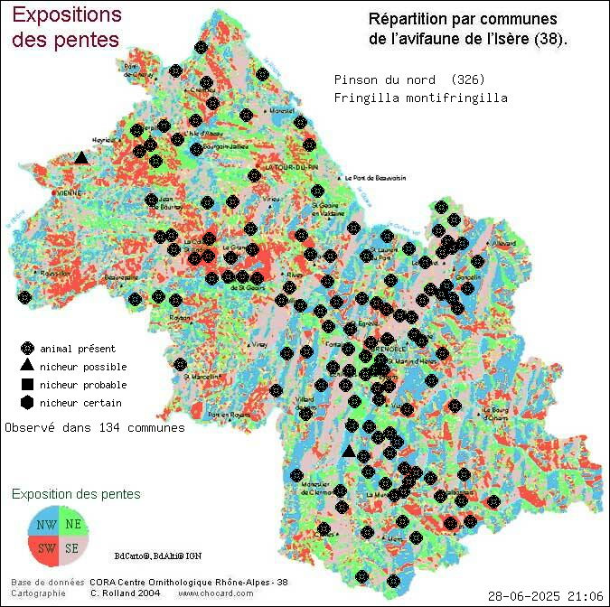 Pinson du nord (Fringilla montifringilla): carte de rpartition en Isre