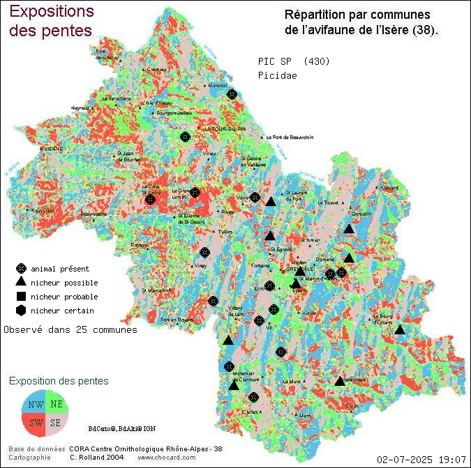 Carte de rpartition par communes en Isre d'une espce d'animal: PIC SP (Picidae) selon Expositions