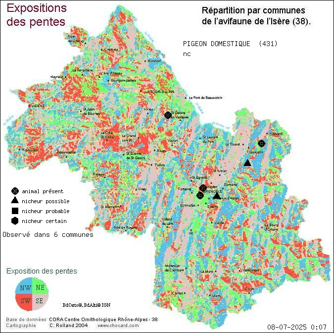 Carte de rpartition par communes en Isre d'une espce d'animal: PIGEON DOMESTIQUE (nc) selon Expositions