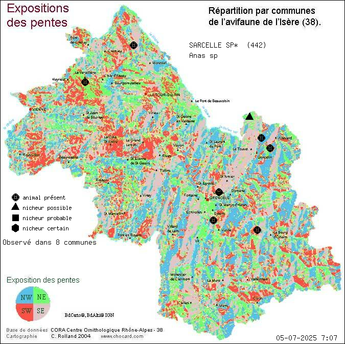 Carte de rpartition par communes en Isre d'une espce d'animal: SARCELLE SP* (Anas sp) selon Expositions