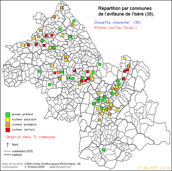 Carte de rpartition par communes en Isre d'une espce d'oiseau: Chouette chevche (Athene noctua (Scop.)) selon Communes et cantons