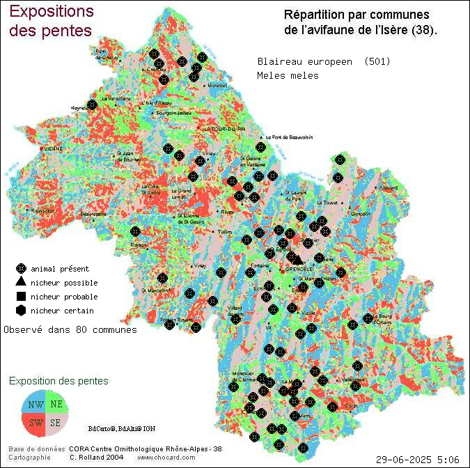 Carte de rpartition par communes en Isre d'une espce d'animal: Blaireau europen (Meles meles) selon Expositions